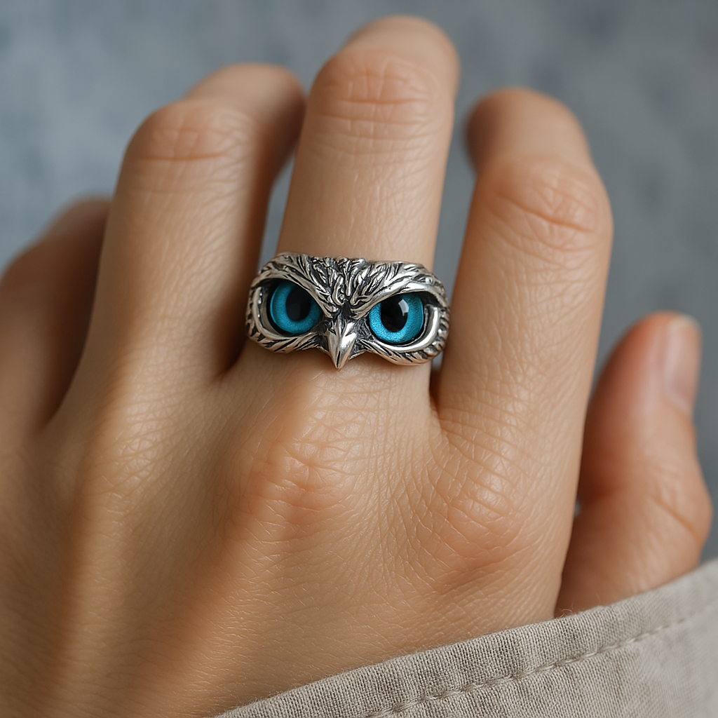 Brianna – Adjustable Lucky Ring Featuring Owl in Silver and Opal