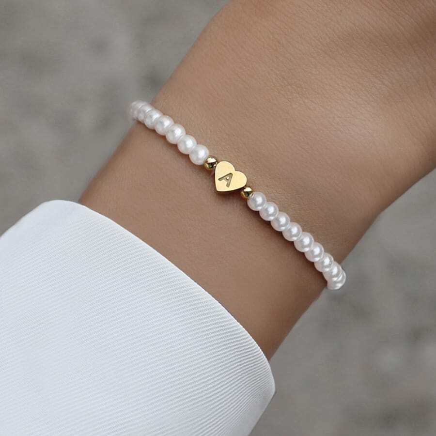 Customized Initial Bead Bracelet - Engraved Heart Bead Bracelet