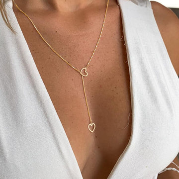 Heart Drop Necklace - 2 Hearts Golden Drop Necklace