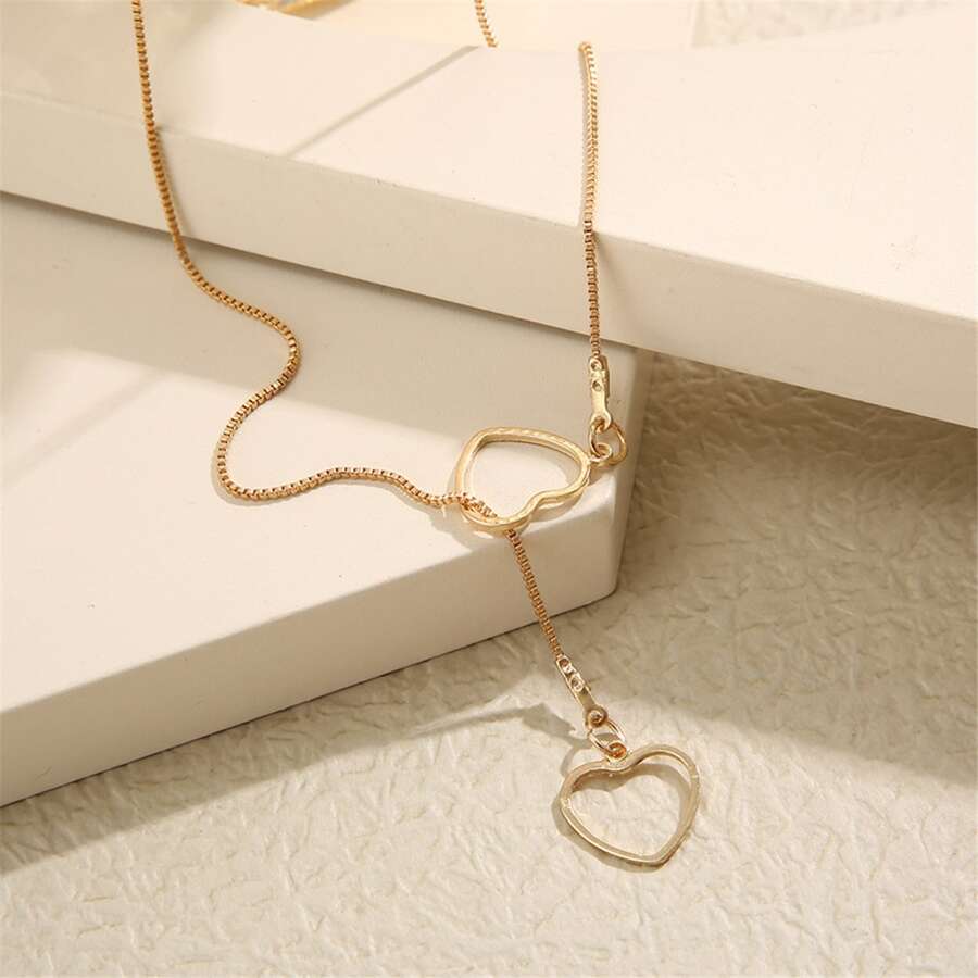 Heart Drop Necklace - 2 Hearts Golden Drop Necklace