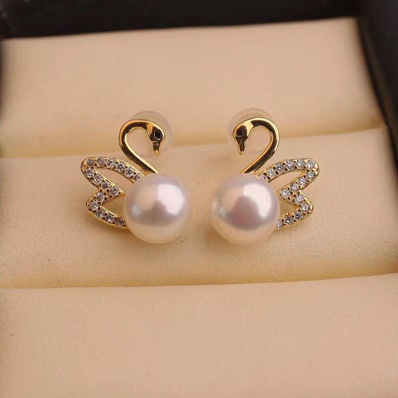 Gold Diamond Swan Earrings - Radiant Swan Earrings with Pearl