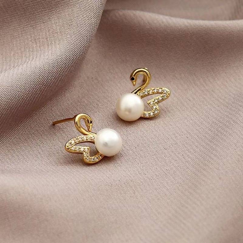 Gold Diamond Swan Earrings - Radiant Swan Earrings with Pearl