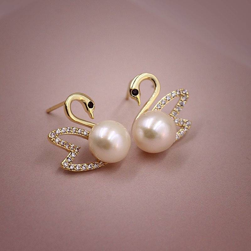 Gold Diamond Swan Earrings - Radiant Swan Earrings with Pearl