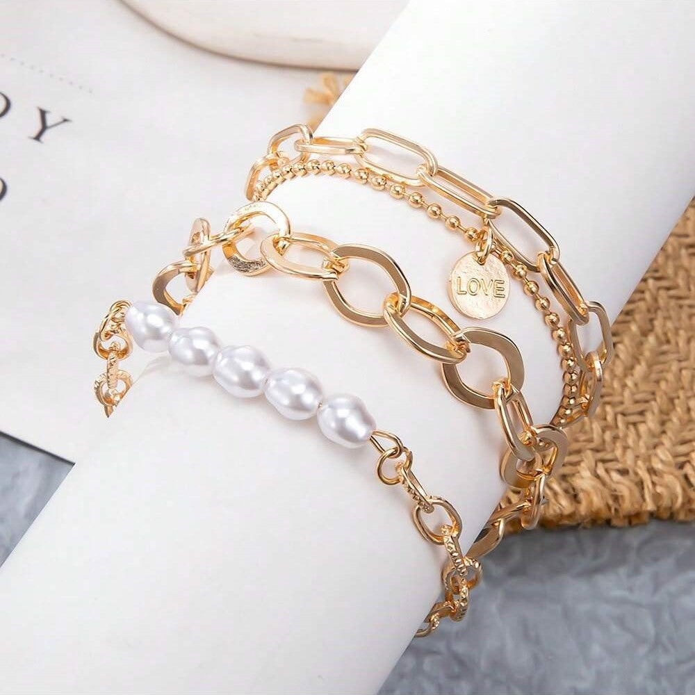 3-piece golden pearl bracelet - oversized chain set