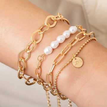 3-piece golden pearl bracelet - oversized chain set