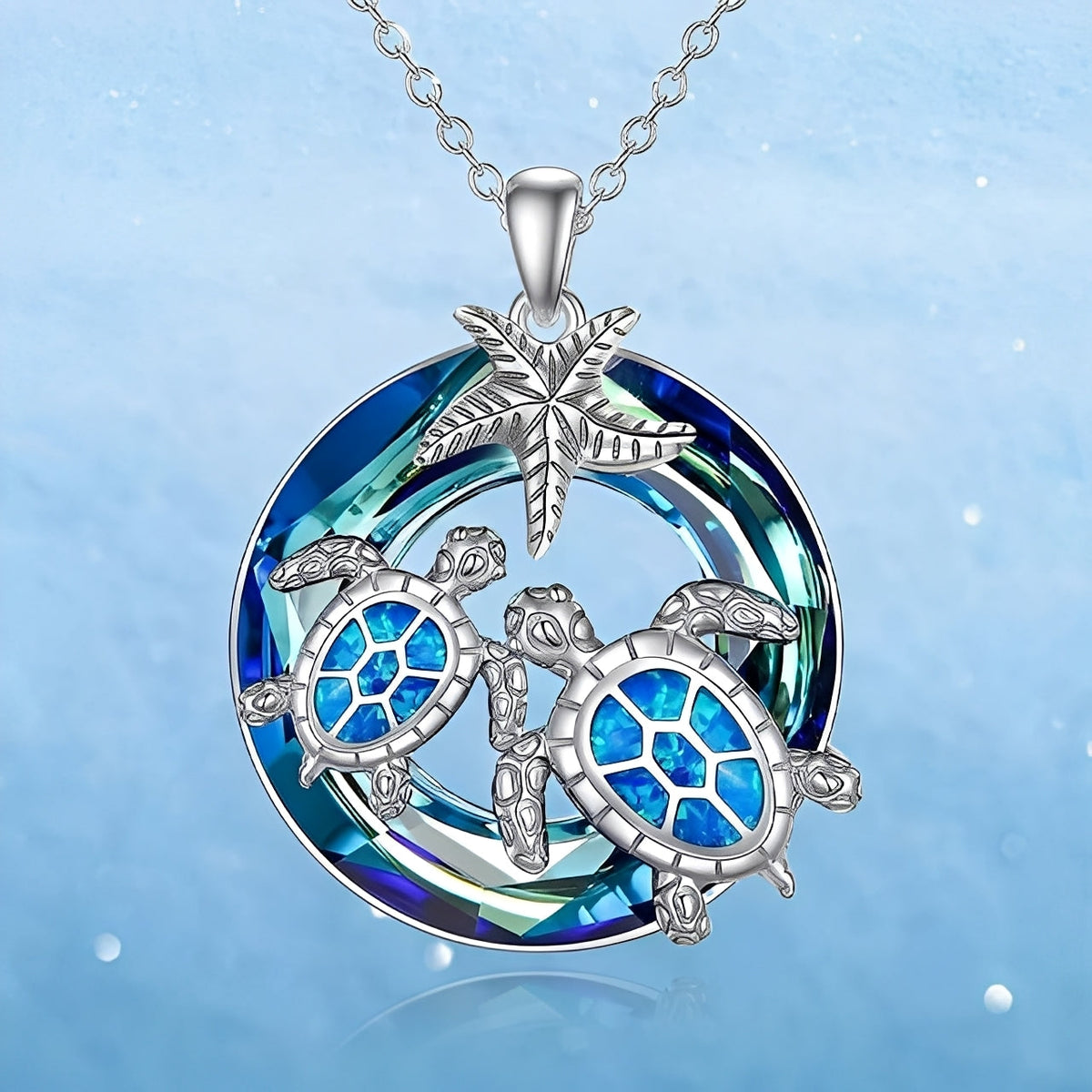 Nolwen – Necklace with Turtle and Palm and Opal Circle