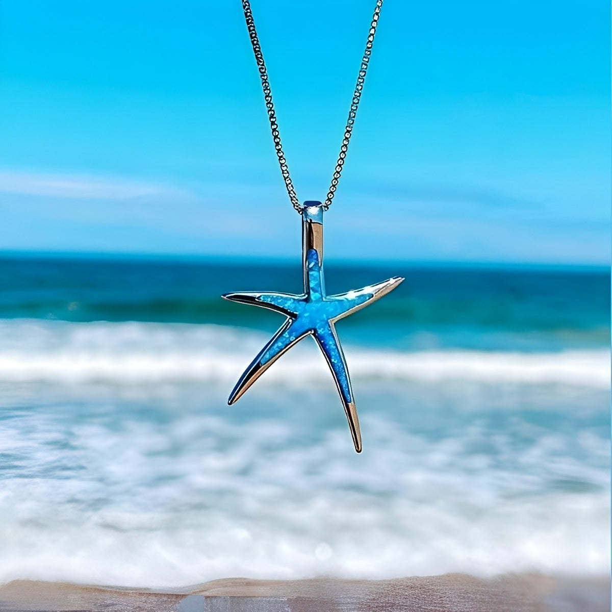 Estella – Starfish Necklace in Silver with Blue Opal