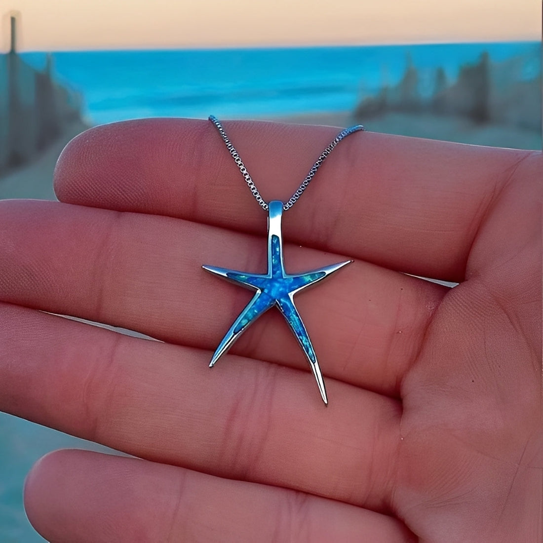 Estella – Starfish Necklace in Silver with Blue Opal