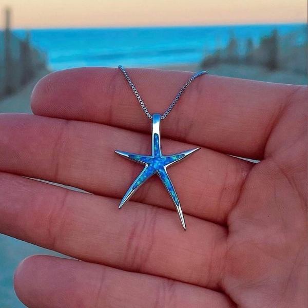 Starla – Silver Necklace Featuring Starfish and Blue Opal