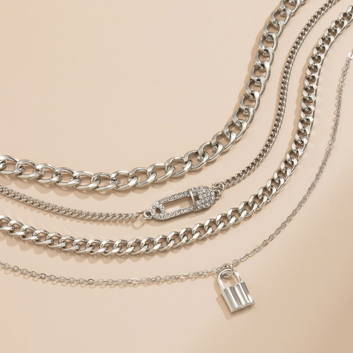 4-Piece Chain Necklace Collection - Vintage Lock Pin Chain Set