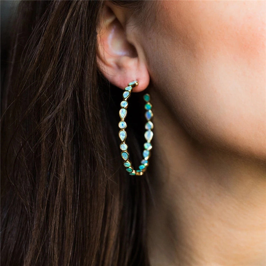Radiant Elegance - Blue Opal Golden Drop Earrings