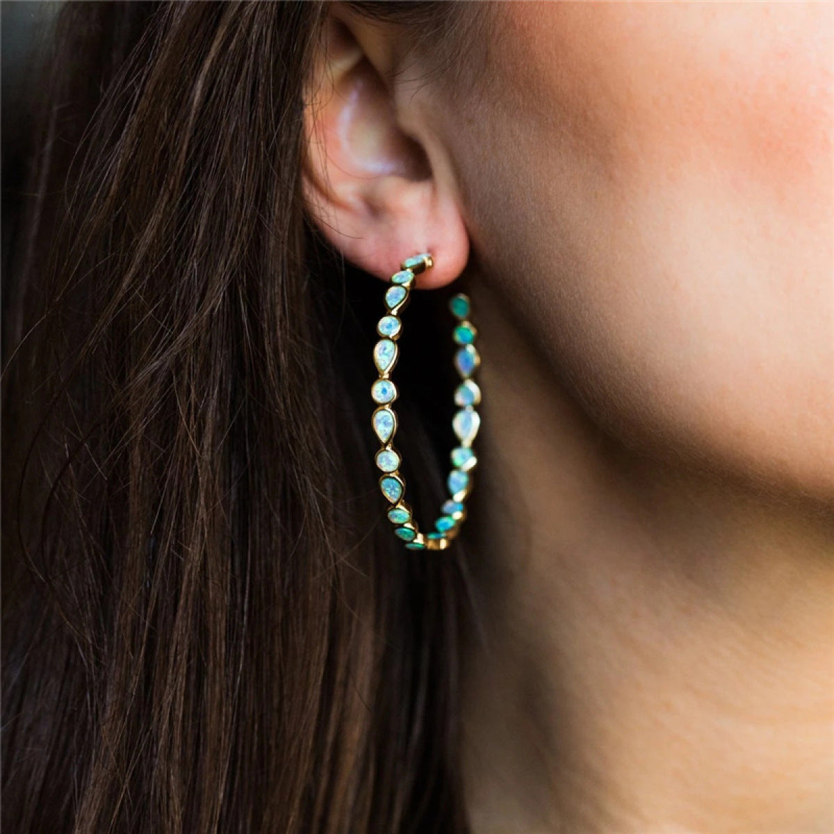 Radiant Elegance - Blue Opal Golden Drop Earrings