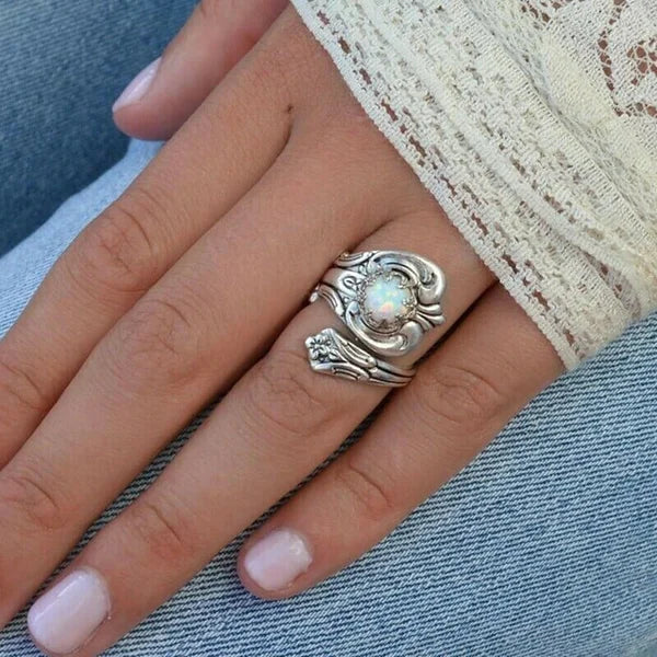Maelle – Adjustable Spoon Ring featuring White Opal