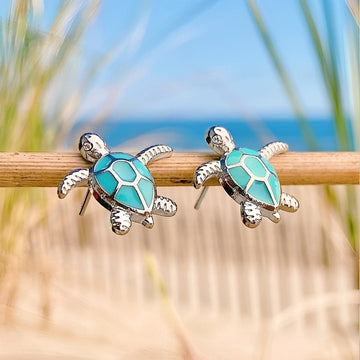 Marina – Earrings featuring a Silver and Opal Sea Turtle