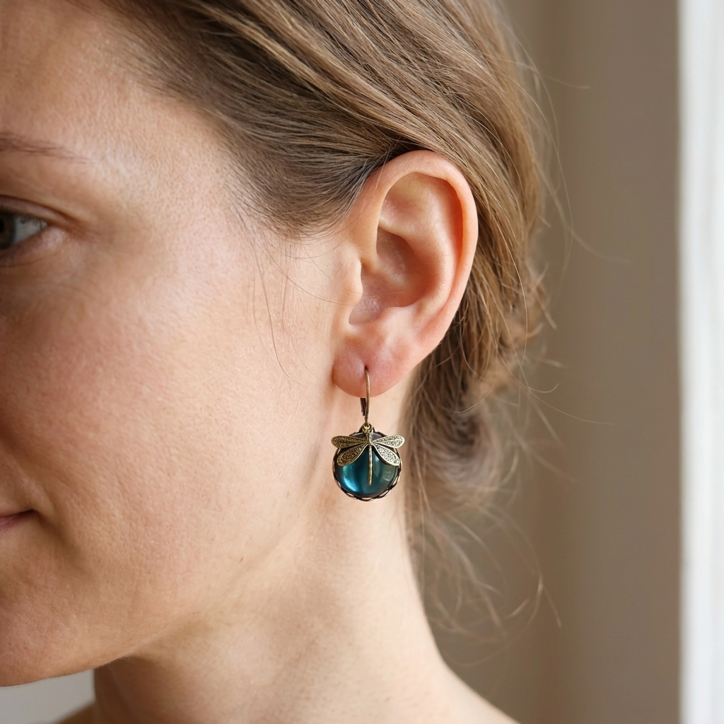 Elandra – Circular dragonfly earrings in vintage gold