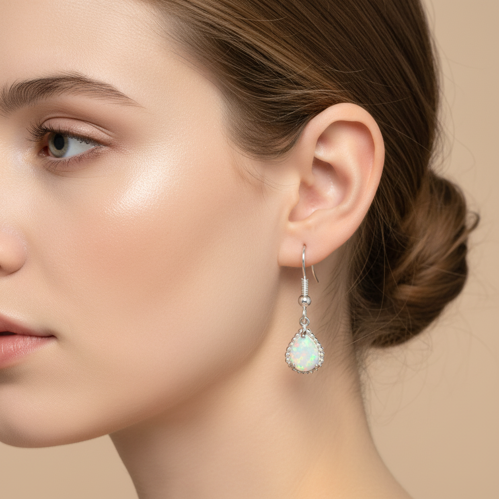 Emeline – Hanging Earrings crafted from Silver & White Fire Opal