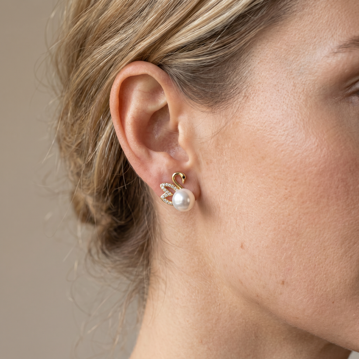 Gold Diamond Swan Earrings - Radiant Swan Earrings with Pearl