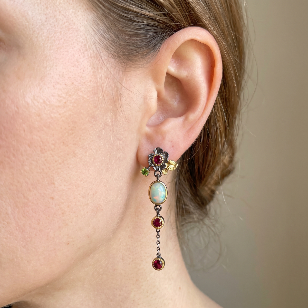 Yara – Boho earrings featuring opal and red zirconia