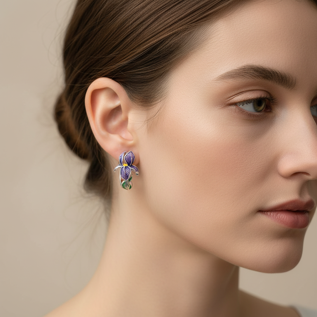 Purple Enamel Flower Earrings