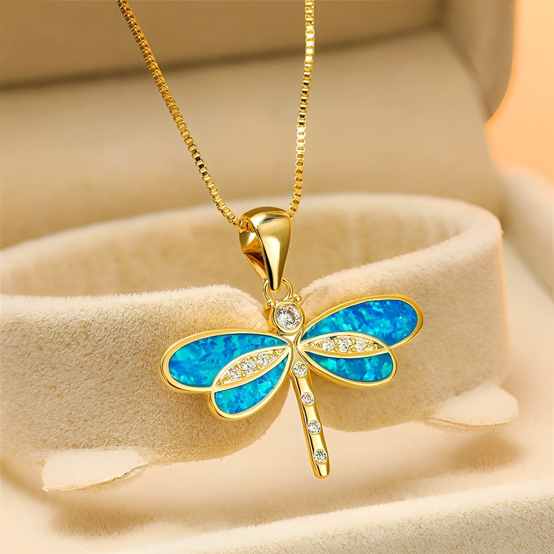 Priya – Dragonfly Necklace Gold featuring Opal