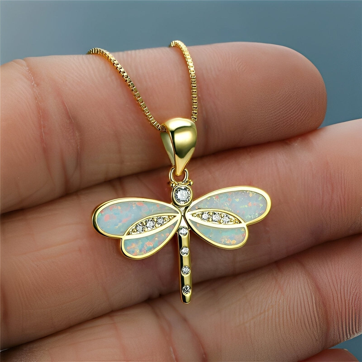 Priya – Dragonfly Necklace Gold featuring Opal