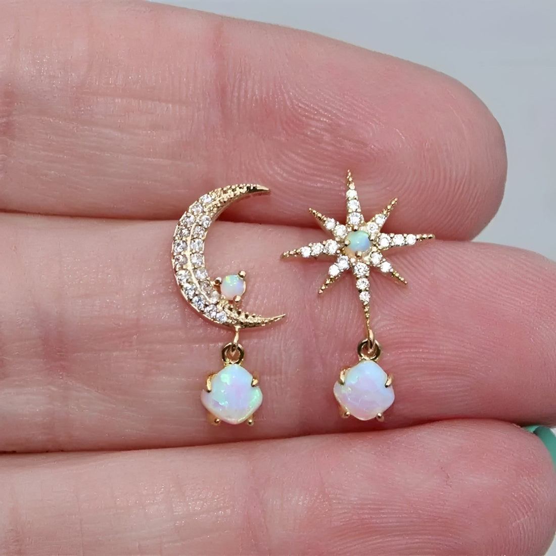 Carol – Golden and Opal Moon and Star Earrings