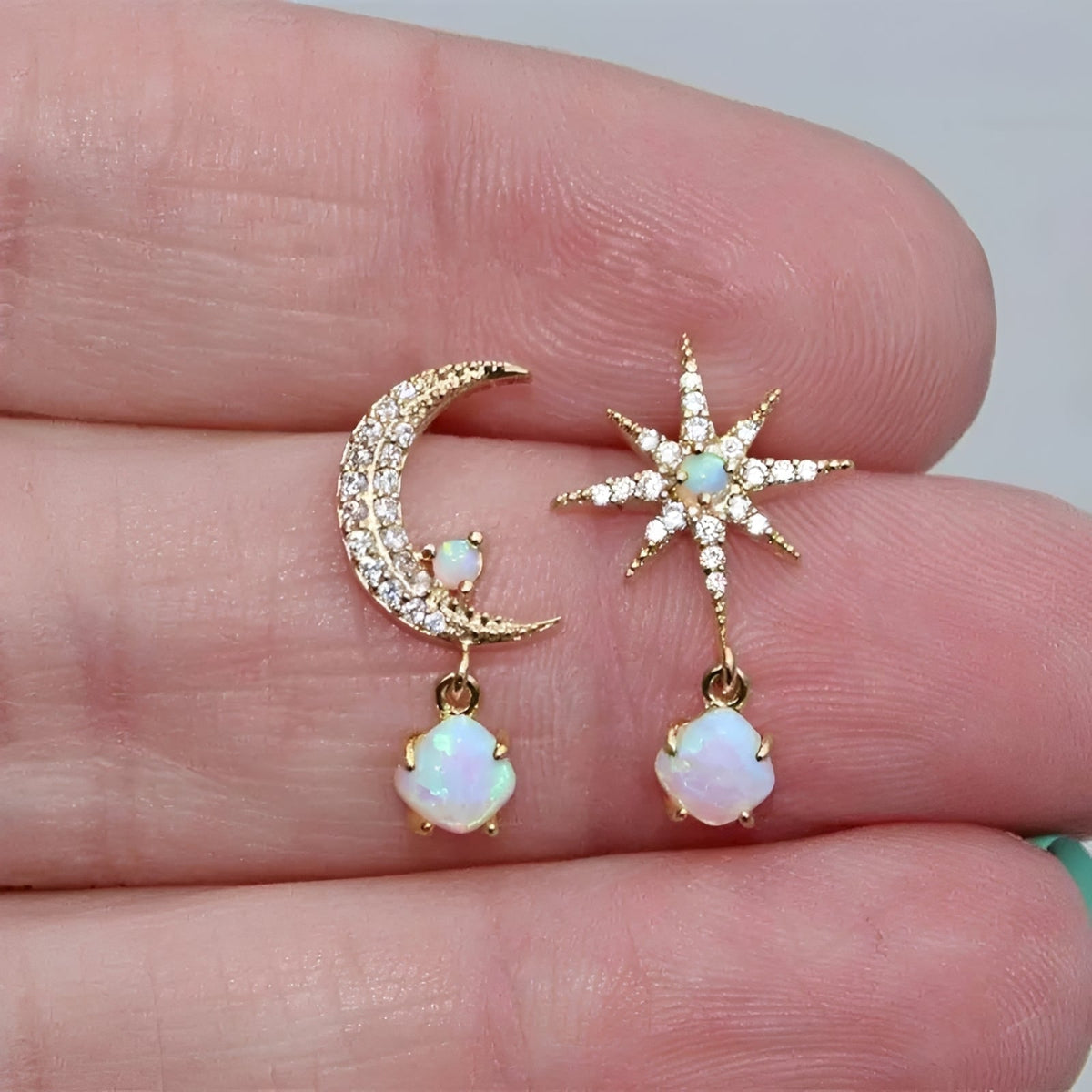 Carol – Golden and Opal Moon and Star Earrings