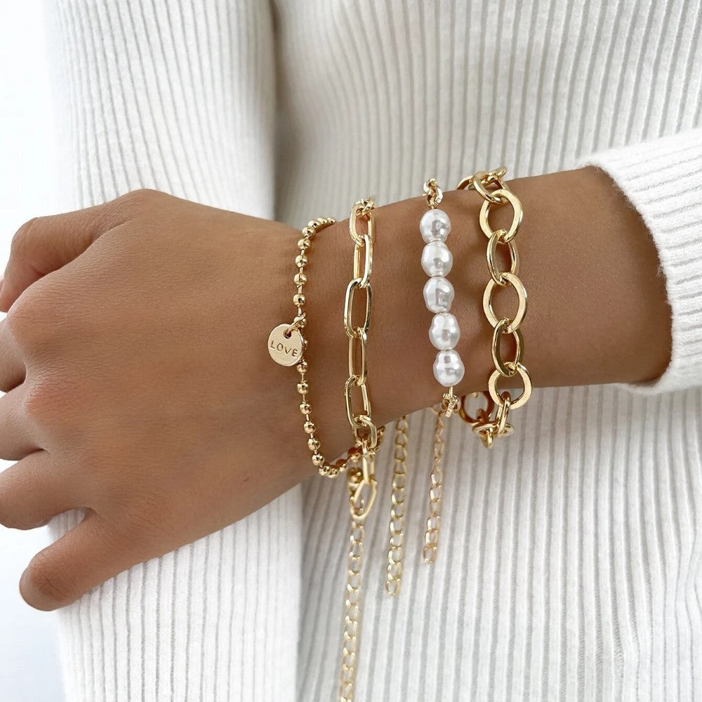 3-piece golden pearl bracelet - oversized chain set