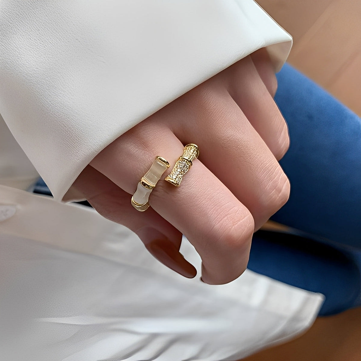 Lysiane – Adjustable Ring with Bamboo Design in Gold