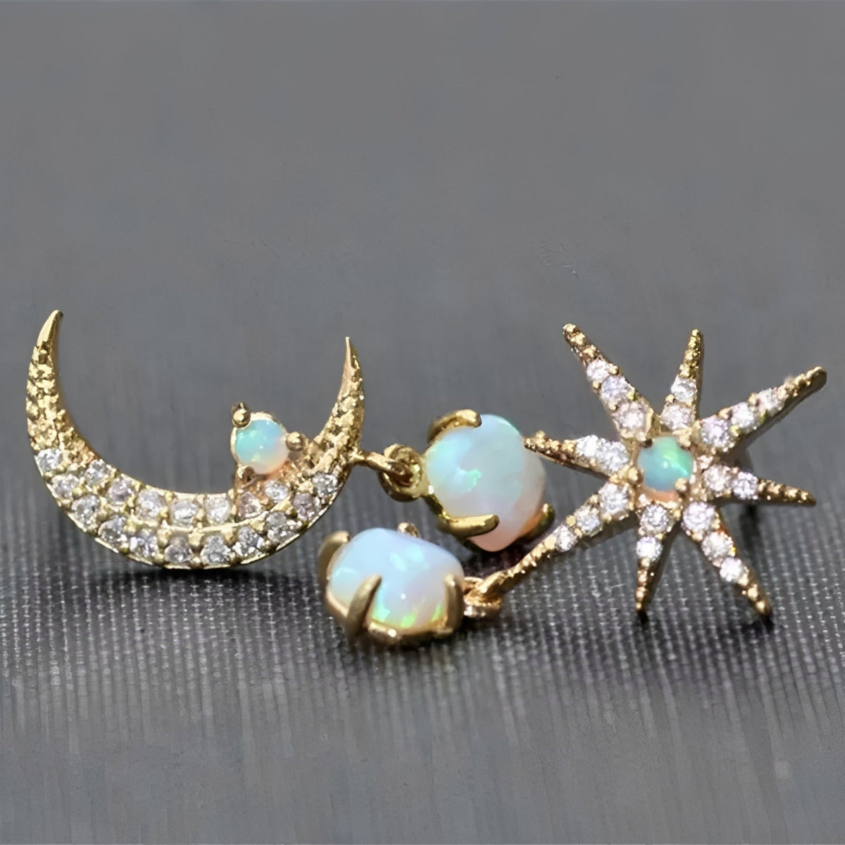 Carol – Golden and Opal Moon and Star Earrings