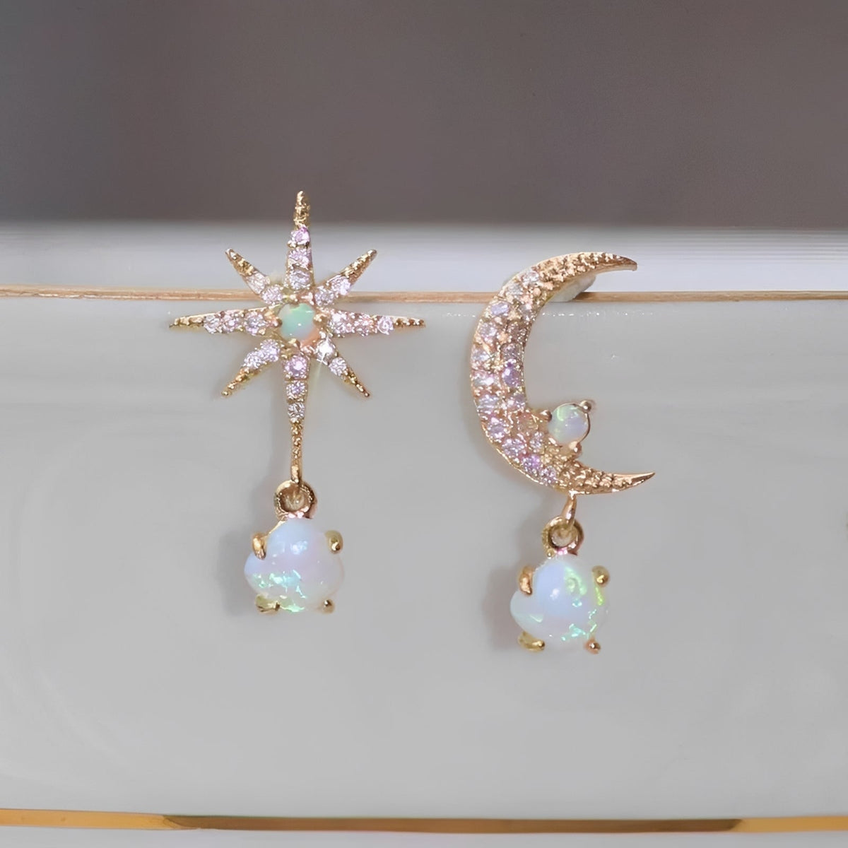 Carol – Golden and Opal Moon and Star Earrings