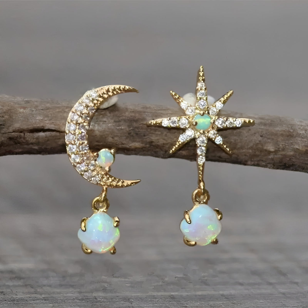 Carol – Golden and Opal Moon and Star Earrings