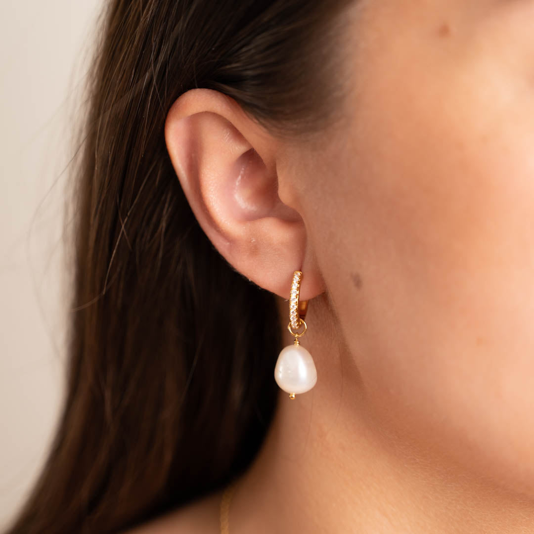 Wella - Pearl Golden Zirconia Hoop Earrings