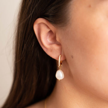 Wella - Pearl Golden Zirconia Hoop Earrings