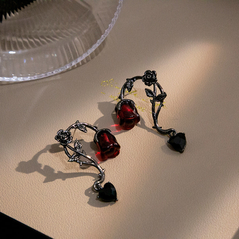 Rosalya – Earrings Red Rose & Dark Blackberry