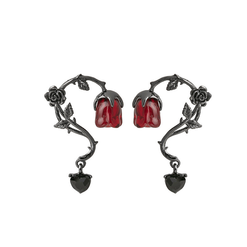 Rosalya – Earrings Red Rose & Dark Blackberry