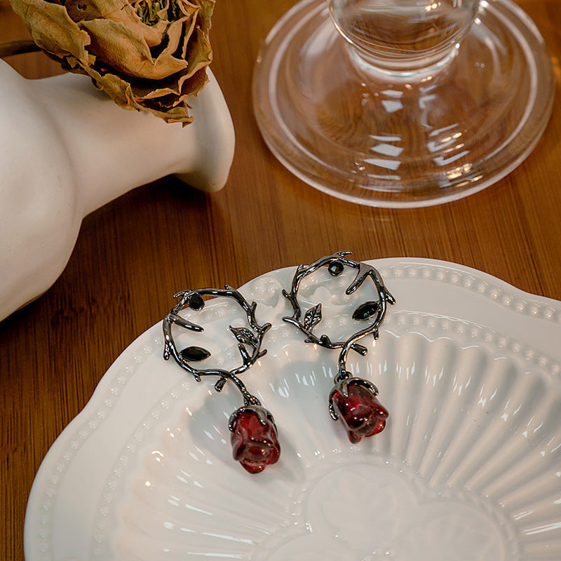 Rosalya – Earrings Red Rose & Dark Blackberry