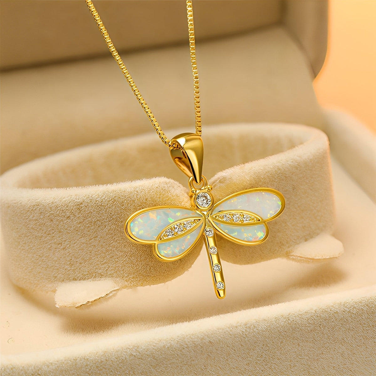 Priya – Dragonfly Necklace Gold featuring Opal