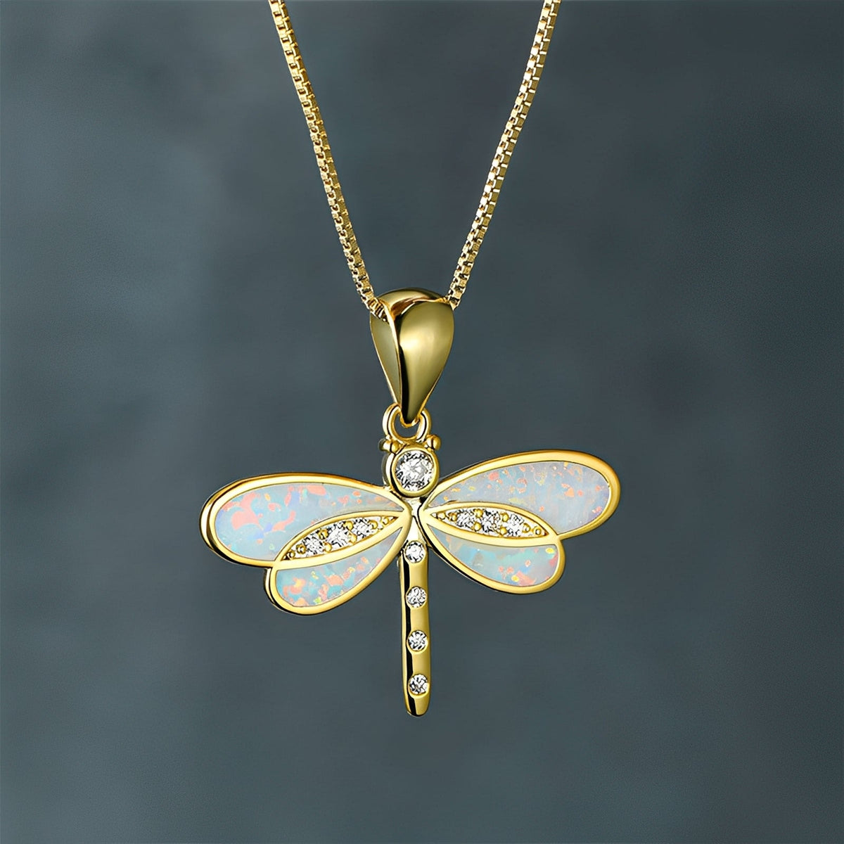 Priya – Dragonfly Necklace Gold featuring Opal