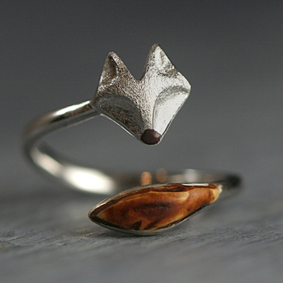 Adjustable Fox Ring Crafted from Wood - Fox Face Silver Ring