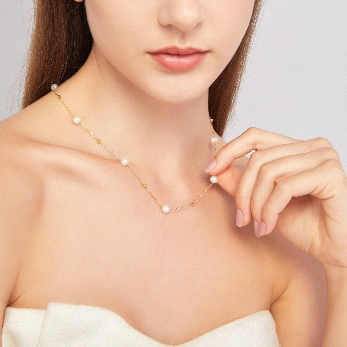 Gold Pearl Necklace - Alternating Pearls and Golden Links