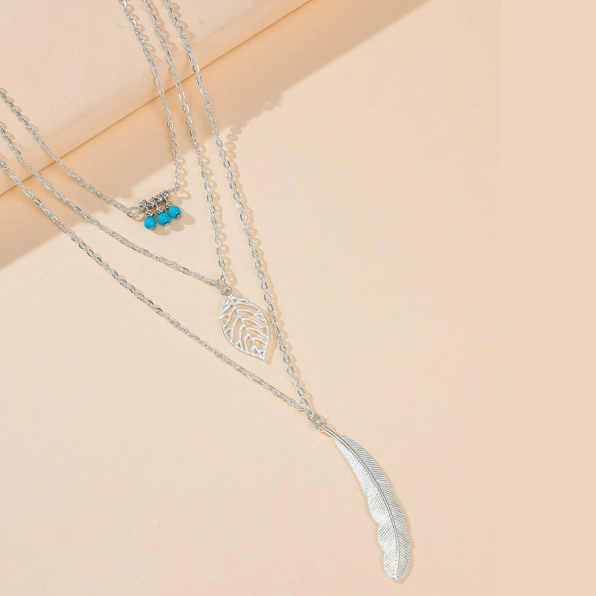 Leaf & Feather Pendant - 3-tier Necklace