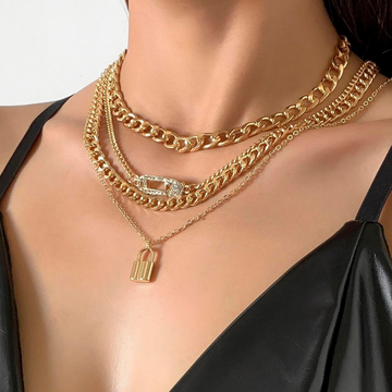 4-Piece Chain Necklace Collection - Vintage Lock Pin Chain Set
