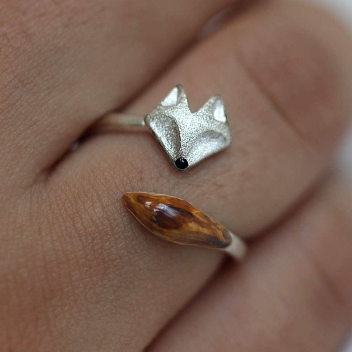 Adjustable Fox Ring Crafted from Wood - Fox Face Silver Ring