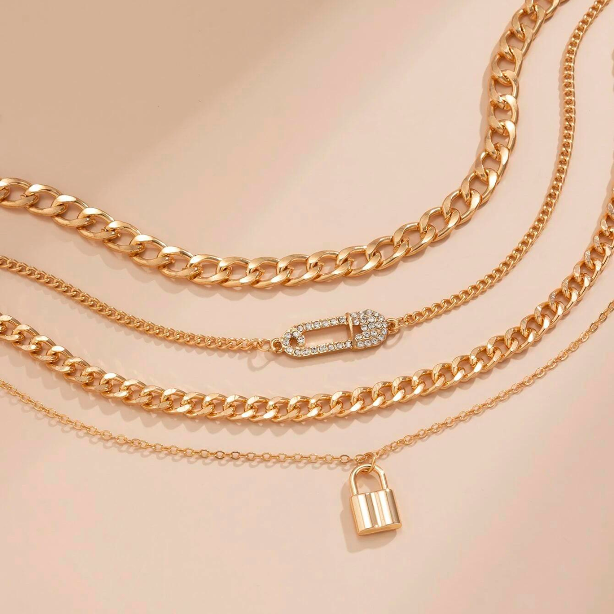 4-Piece Chain Necklace Collection - Vintage Lock Pin Chain Set