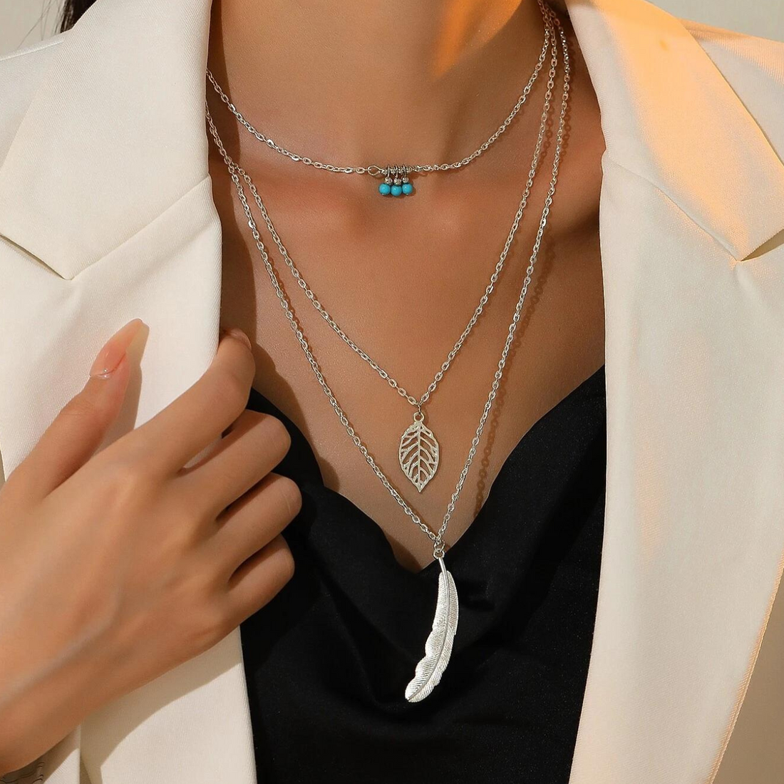 Leaf & Feather Pendant - 3-tier Necklace