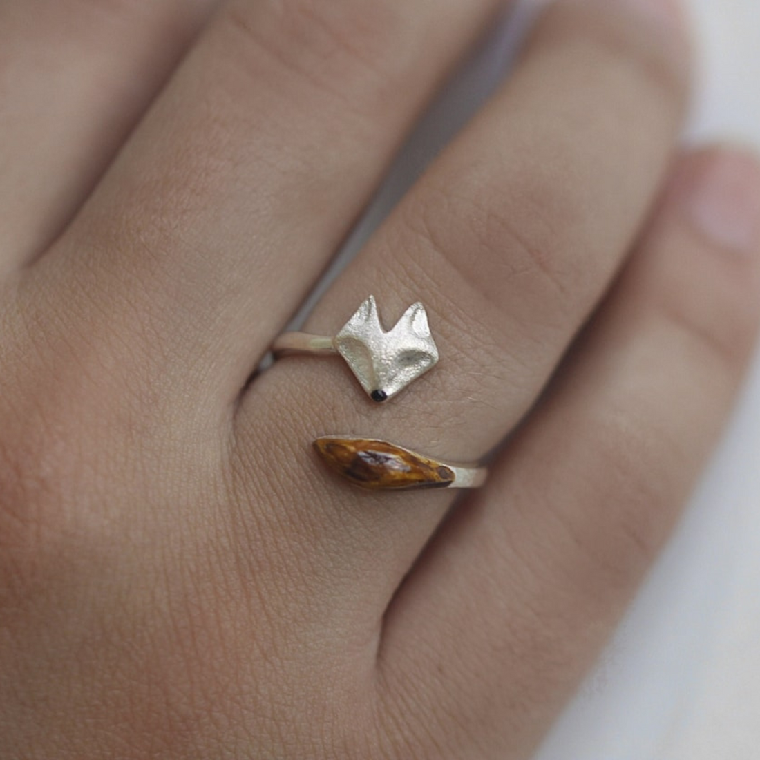 Adjustable Fox Ring Crafted from Wood - Fox Face Silver Ring