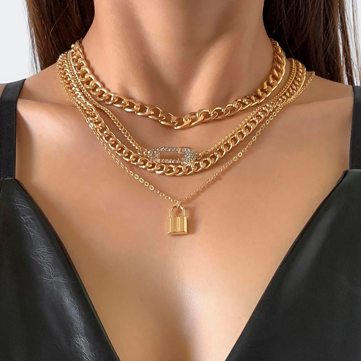 4-Piece Chain Necklace Collection - Vintage Lock Pin Chain Set