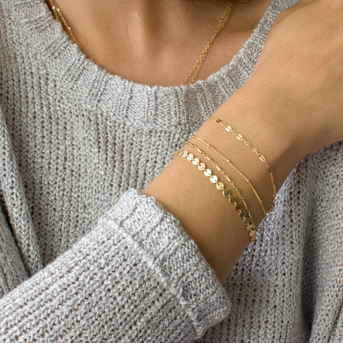 Disc Bracelet with Tube Chains - Set of Stacked Bracelets