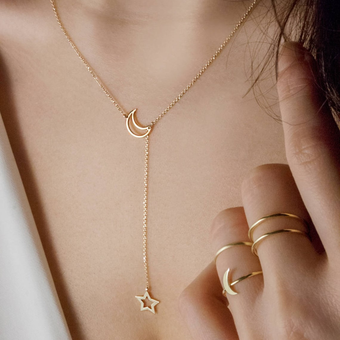 Moon and Star - Lariat style necklace